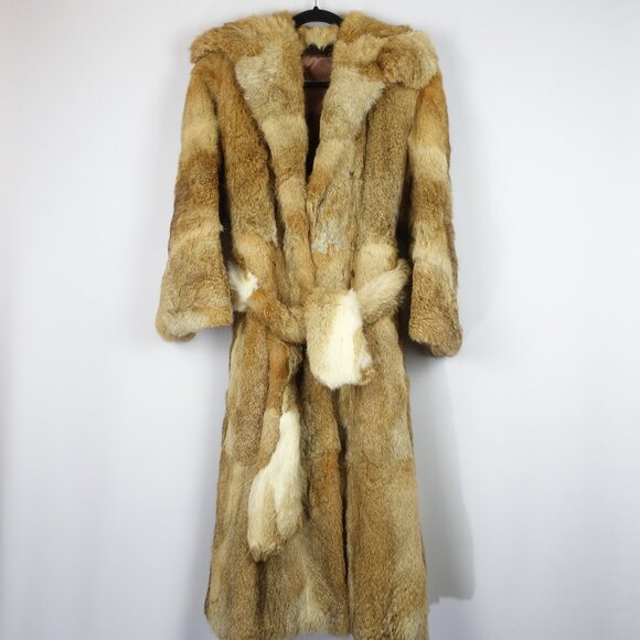Vintage City Furs Authentic Rabbit Fur Long Overcoat w/ Fur Belt, Sz 47 in